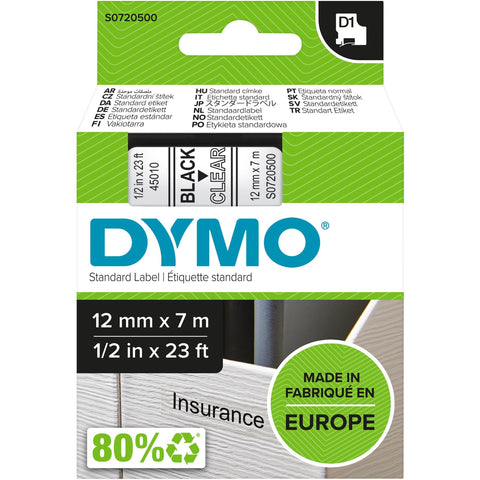 Dymo D1 Label Tape [12mm x 7m] (Black on Clear)