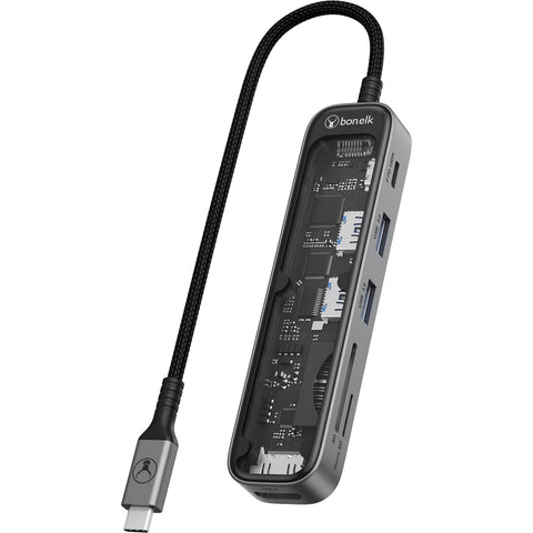 Bonelk Vision Long-Life USB-C to 6-in-1 w/Card Reader Multiport Hub (SG/Clear)