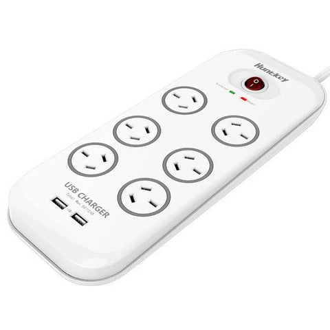 Huntkey 6 Outlet Surge Protected Powerboard with Two Powered USB Ports (2.4 AMP Combined)