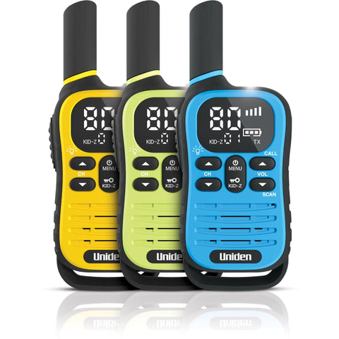 Uniden UH45 Max 0.5W UHF Handheld Radio with Kid-Zone Plus (Blue/Green/Yellow) [3 Pack]