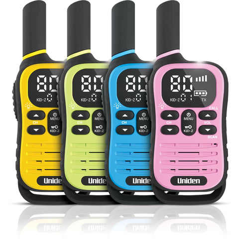 Uniden UH45 Max 0.5W UHF Handheld Radio with Kid-Zone Plus (Blue/Green/Yellow/Pink) [4 Pack]