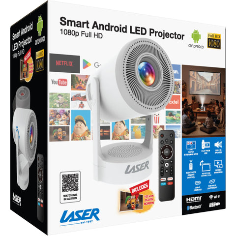 Laser 1080P FHD Smart USB-C Portable Projector (White)