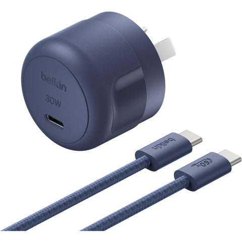 Belkin BoostCharge Compact USB-C Wall Charger 30W with USB-C Cable (Blue)